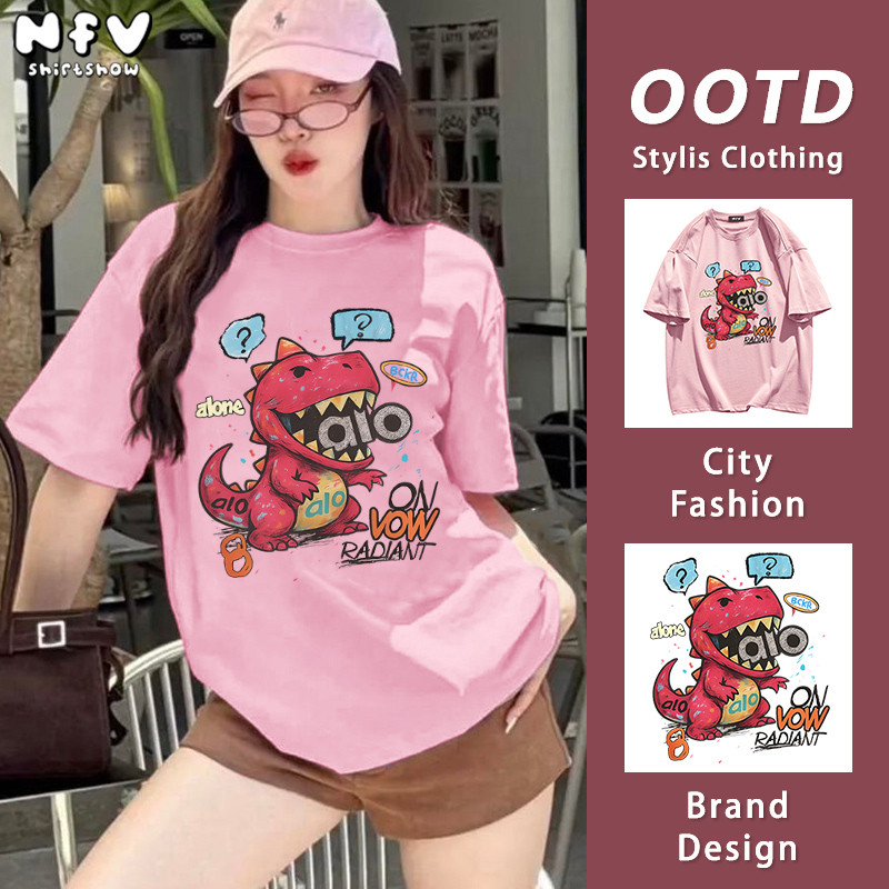NFV สไตล์เกาหลี🎀ลายพิมพ์ไดโนเสาร์การ์ตูน เสื้อยืด oversize ใส่สบาย ระบายอากาศ ผ้าฝ้าย YG3332
