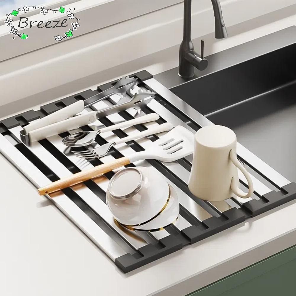บรีส ชั้นเก็บจาน,พับ304สแตนเลสอ่างล้างจานชั้นวางท่อระบายน้ํา,ม้วนขึ้นมัลติฟังก์ชั่หดท่อระบายน้ําตะกร้าครัว