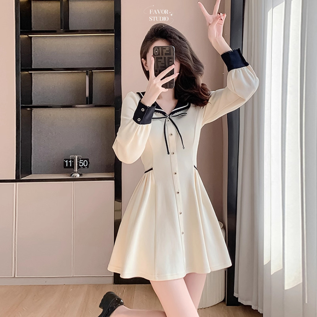 ส่งจากไทย (S-5XL)🚚เดรสกระโปรง แขนยาว ตกแต่งโบว์เพิ่มความน่ารัก สามารถแต่งได้ทุกวัน ทุกโอกาส เนื้อผ้าสบาย🎀