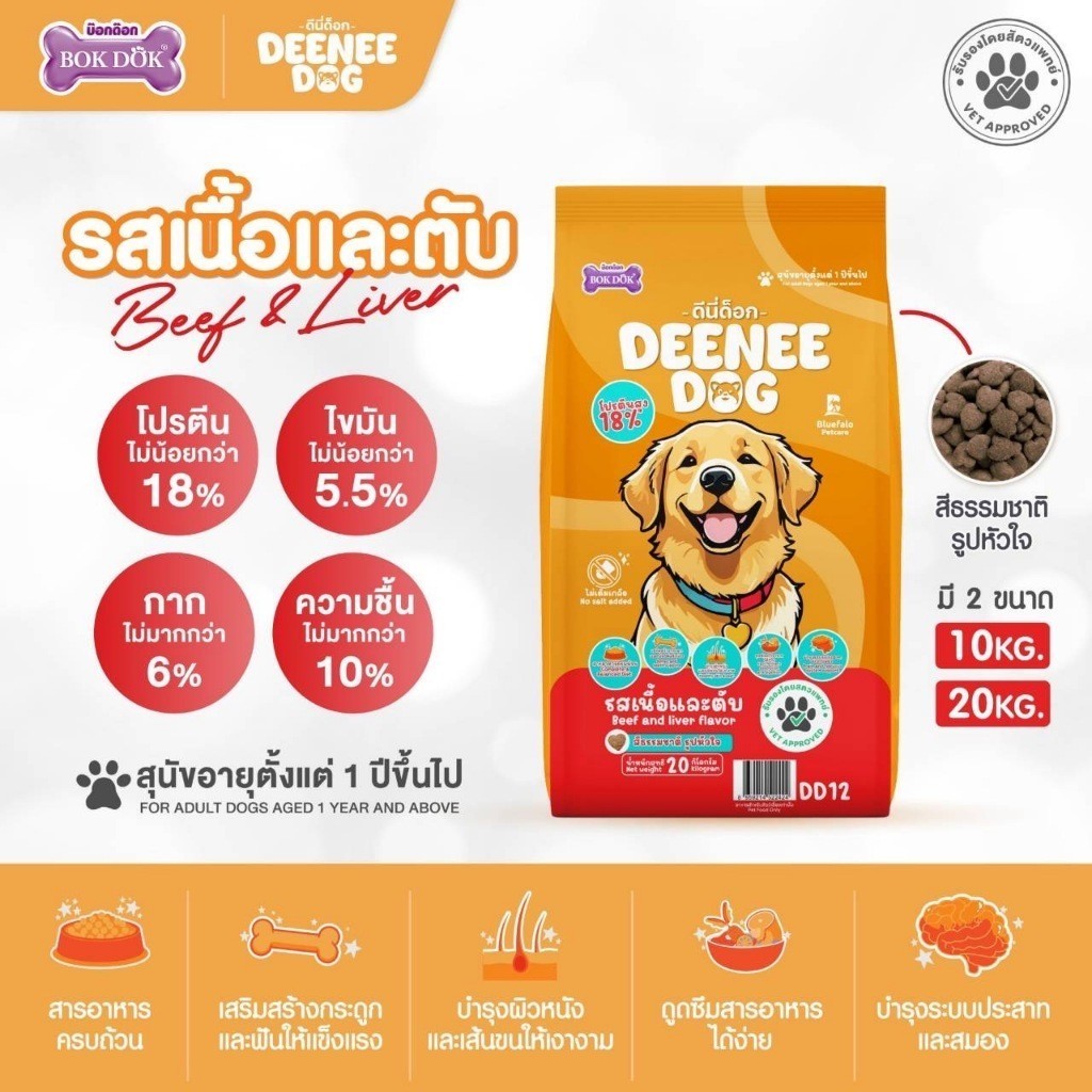 อาหารเม็ดสุนัขโตยกกระสอบ 20กิโลกรัม Deenee Dog อาหารเม็ดสุนัข สูตรไม่เติมเกลือ