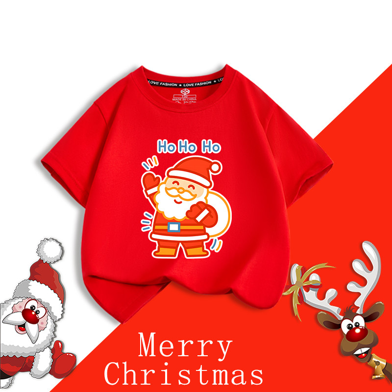 Merry Christmas Kids Short Sleeve T Shirt Red Green Holiday Reindeer Design Casual Festive Top