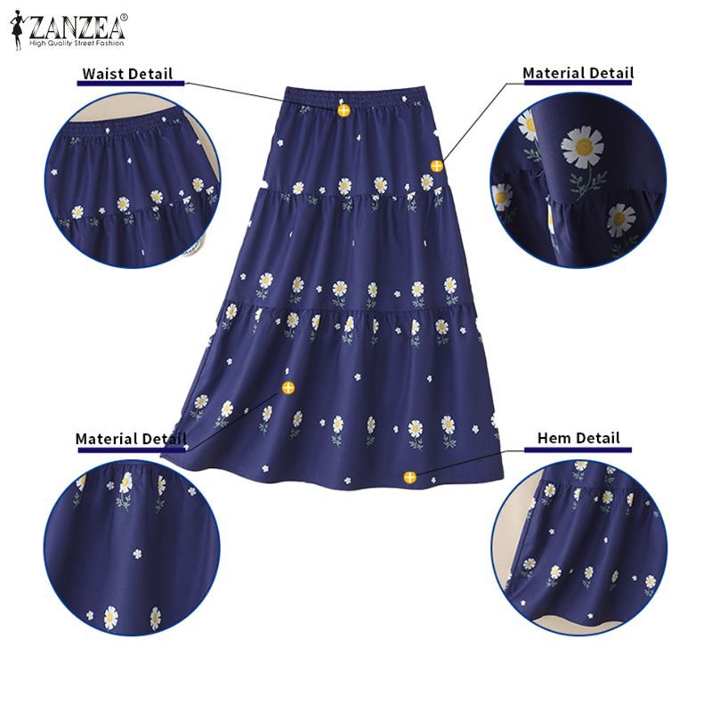 ZANZEA กระโปรงลายดอกไม้ สไตล์เรโทร พิมพ์ pleats สำหรับผู้หญิง ขนาดเอวยางยืด — صورة 7