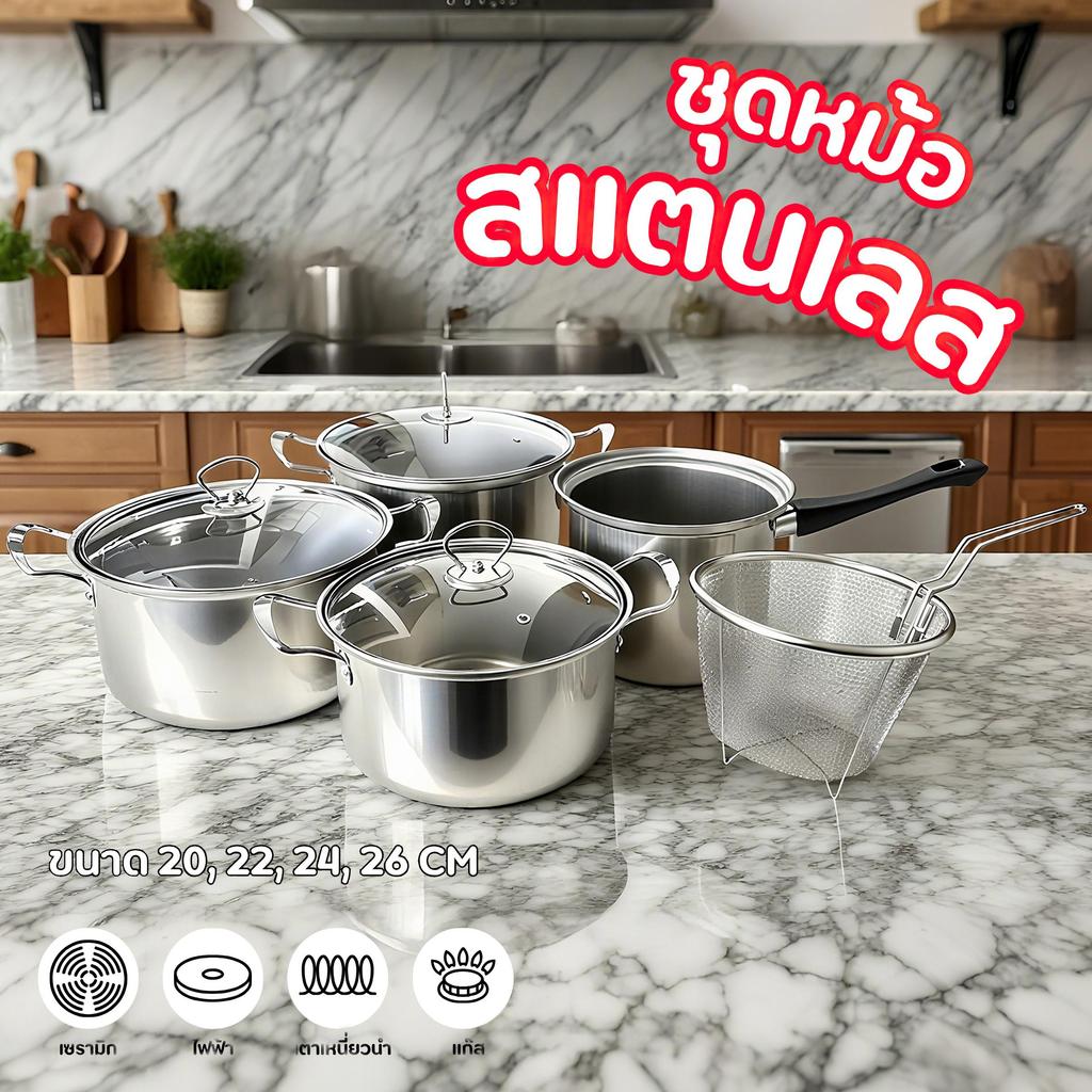 หม้ออเนกประสงค์ สแตนเลส 5ชิ้น ขนาด20-26ซม | ฝาแก้ว+หูจับสแตนเลส | ทอด/แกง/ต้ม/นึ่ง ใช้ได้ทุกเตา (ไฟฟ้า/แก๊ส/อินดักชัน)