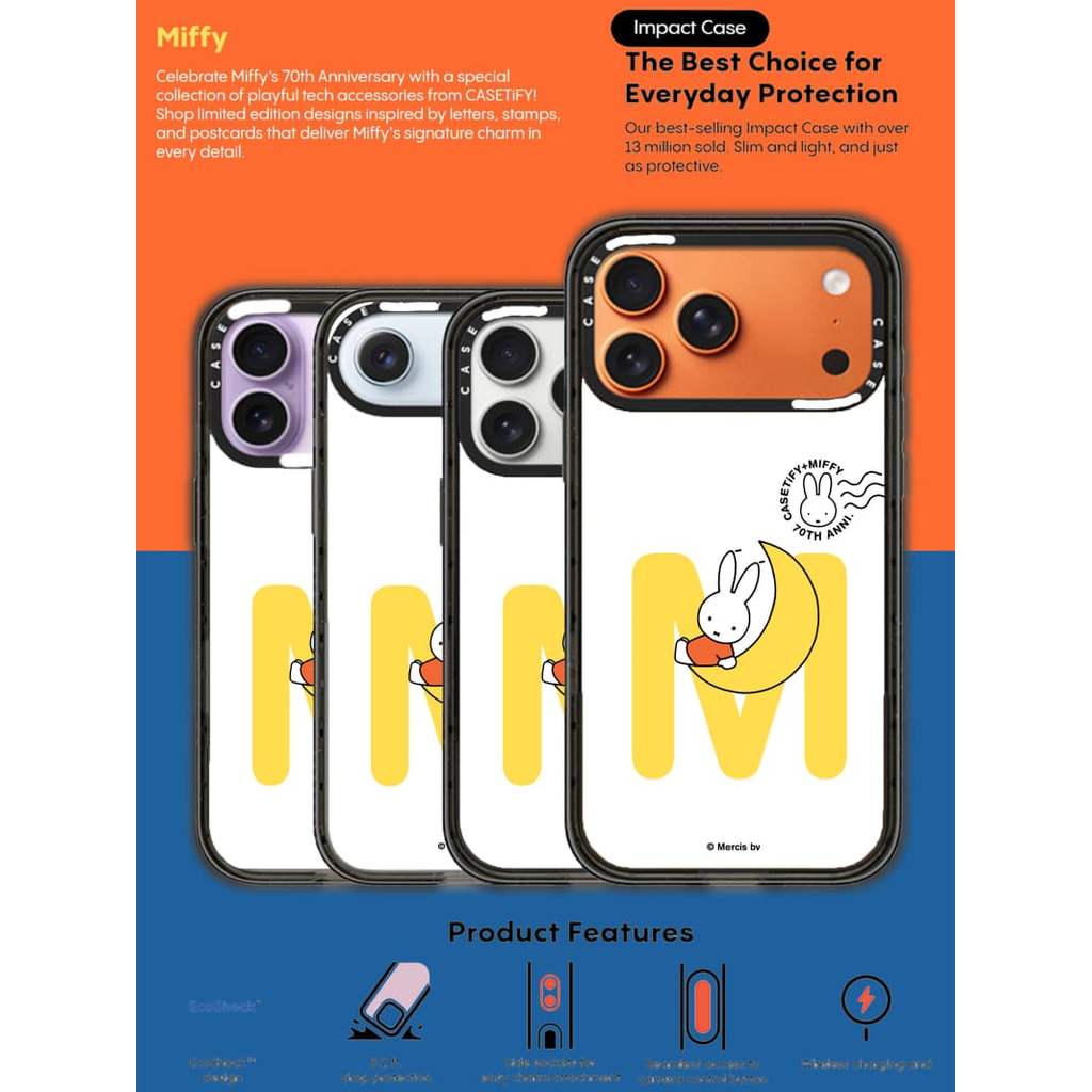 CASECASE X Miffy Custom Initial-MกรณีขอบสีดําClear Hardแม่เหล็กดูดสําหรับApple IPhone 12 13 14 15 16 17 Pro Max Air Plusพร้อมกล่อง