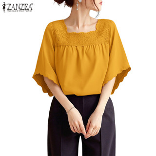 ZANZEA ผู้หญิงเกาหลี Elegant Square Collar Mid-Save Lace Pat…