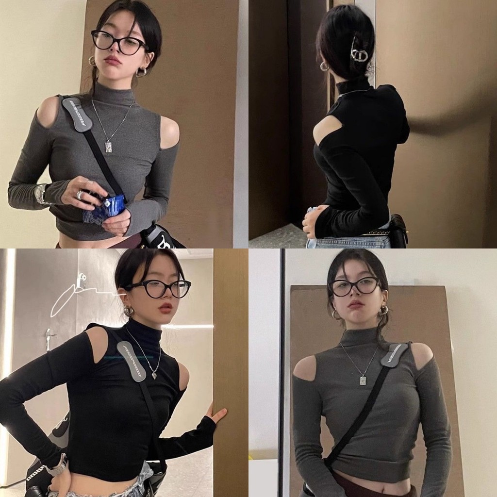 Evelyn เสื้อแขนยาว คอเต่า ดีเทลเปืดไหล่ ผ้ายืดพอดีตัว เสื้อแฟชั่น สไตล์เกาหลี ใส่สบายมาก ของผู้หญิง