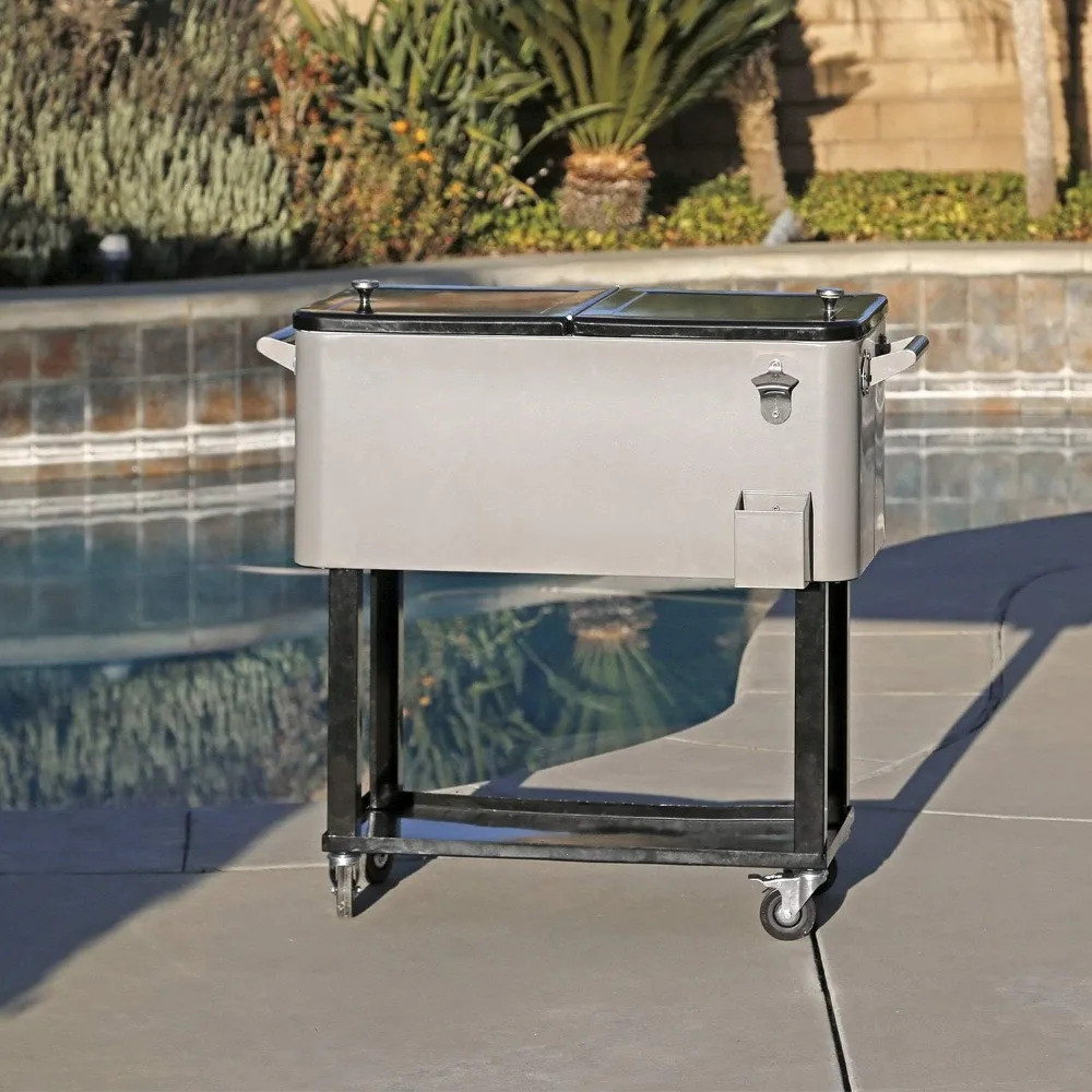 80 Quart Qt Rolling Cooler น้ําแข็งหน้าอกสําหรับกลางแจ้ง Patio Deck Party, สีเทา,แบบพกพา Party Bar เ