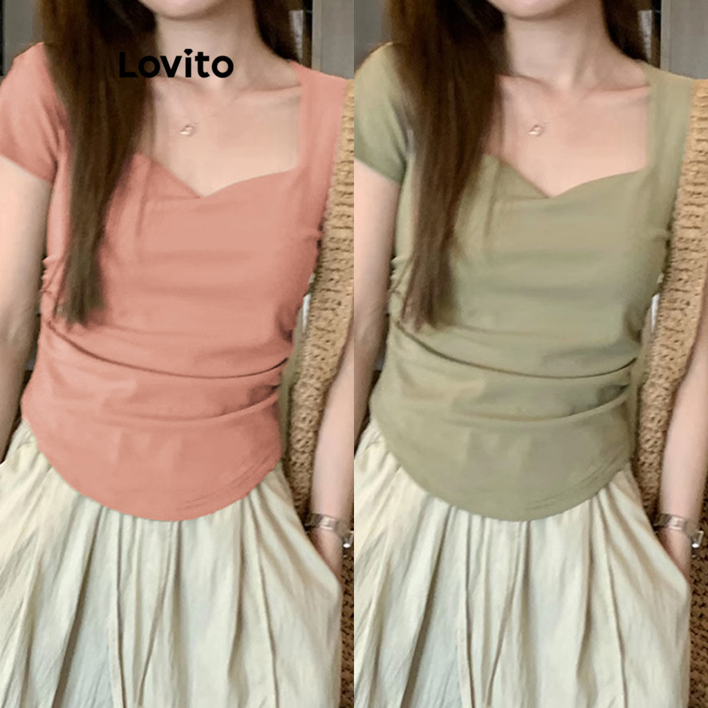 (LIVE STREAM SALE) Lovito เสื้อยืดผู้หญิง ชายสามเหลี่ยม แต่งจีบ สีพื้น สไตล์หรูหรา L77ED206(หลากสี)