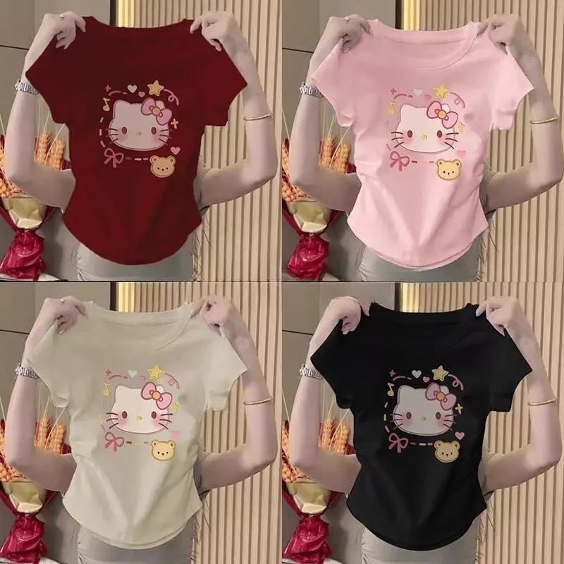 【กรุงเทพจัดส่งสินค้า】เสื้อยืดผู้หญิงคอกลมแขนสั้นสไตล์y2kพิมพ์ลายตัวอักษรแฟชั่นใหม่ฤดูร้อนครอปมีรอยยับด้านข้างทรงสลิมฟิตส