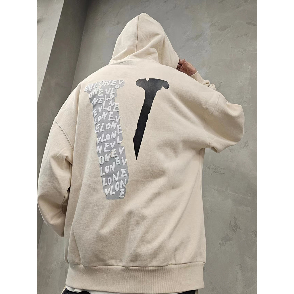 ของแท้Vloneซิปเสื้อกันหนาวผู้ชายผู้หญิงHooded Jacket ECGเย็บปักถักร้อยโฟมพิมพ์ตัวอักษรหลวมBeige