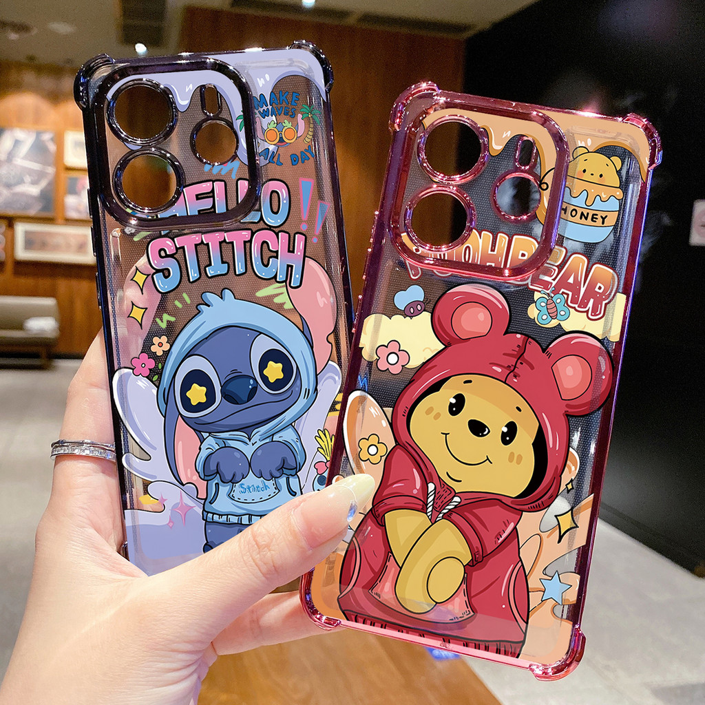 เข้ากันได้กับ Xiaomi Redmi Note 14 13 Pro 5G 4G 12 13C 14C Pooh Bear Stitch Clear Plating Case Anti Drop Cover FD