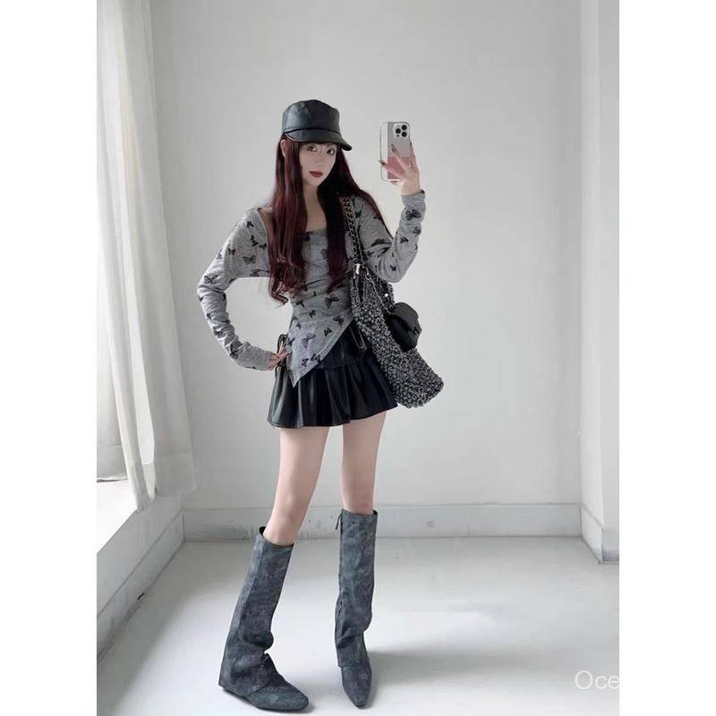 Cicishop(J777)ราคาพิเศษ SET 2 ชิ้น สายเดี่ยว+เสื้อคลุมลายผีเสื้อ ดีเทลปลายเฉียง มีฟองน้ำสาวแซ่บไม่มี