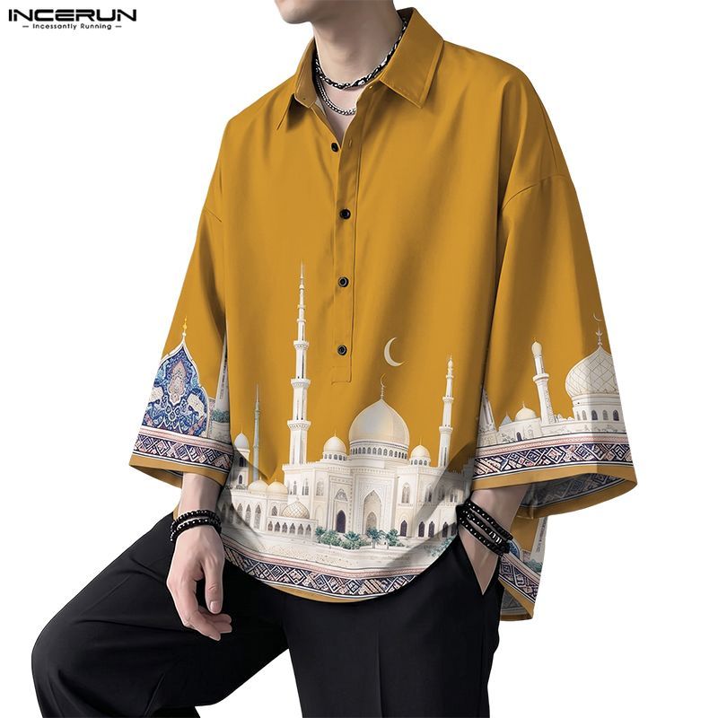 INCERUN Men Koreant Turn-Down-Collar 3/4 Sleeve Luxury Architectural Pattern Half-Button Loose Shirts