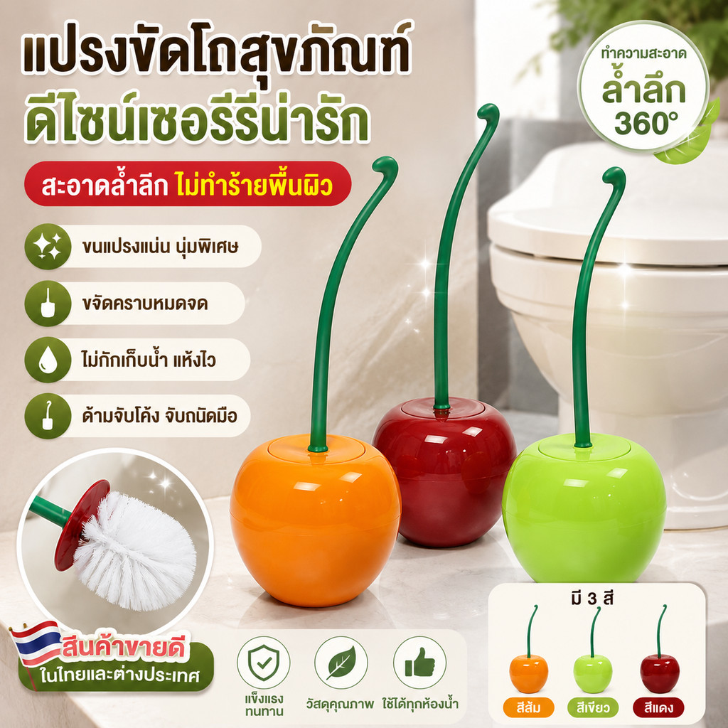 แปรงล้างห้องน้ำดีไซน์เชอร์รี่ หัวแปรงขนแน่น ฐานเก็บมิดชิด สีแดง สีเขียว สีส้ม
