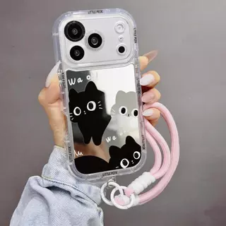 เคสไอโฟน ป้องกันเลนส์ ลายแมวดำสองตัวน่ารัก มีขาตั้ง สายคล้องชมพู iPhone11 13 15 17ProMax พร้อมส่งJHJMNYK73