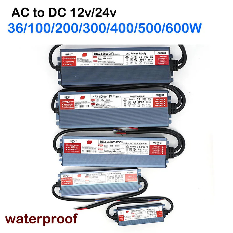 36/100/200/300/400/500/600W AC ถึง DC 12V 24V IP67 กันน้ํา led strip Transformer Driver อะแดปเตอร์แห