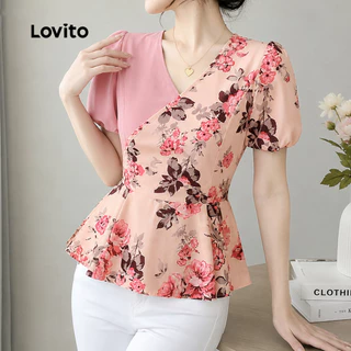 Lovito เสื้อเบลาส์ผ้าหรูหรา เย็บต่อกันด้วยรูปทรงเรขาคณิต สีกรมท่า สําหรับผู้หญิง ฤดูใบไม้ผลิ/ฤดูร้อน LK6ED277