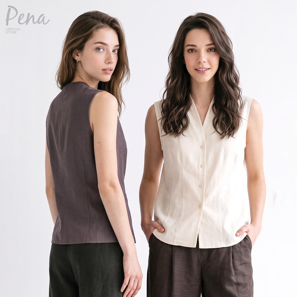 Pena House เสื้อแขนกุดกระดุมหน้า  คอวีแต่งสาบตั้ง PCSS062602