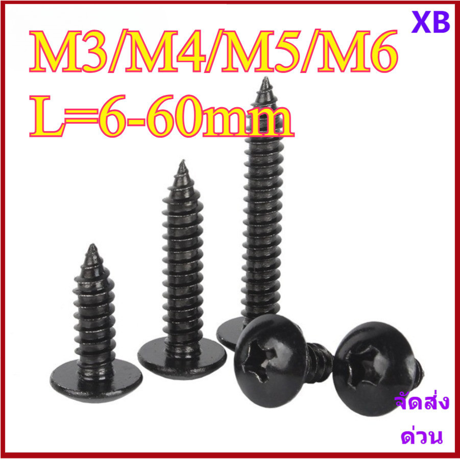 น็อต สกรู หัวร่ม หัวกระทะ แฉก T+ สแตนเลส 304 สีดํา เกลียวปล่อย M3/M4/M5/M6 * L6-60 มม.XB-ZZ-2