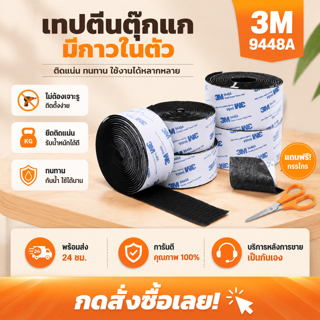 ตีนตุ๊กแก 【ยาว 1 ม】 มีกาว 3M เมจิกเทป มีกาวทั้งสองแถบ ขน+หนาม เทปเวลโคร สีดำ/ขาว เวลโคร หนามเตย ติดหน้าต่าง ติดกรอบรูป