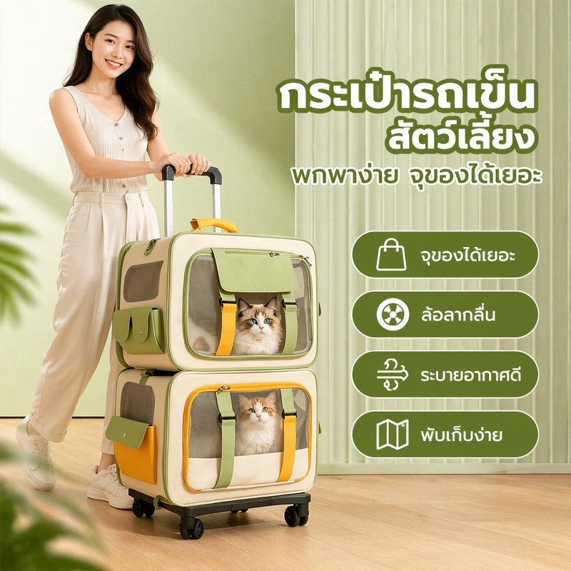 กระเป๋าเดินทางสัตว์เลี้ยง 3 In 1 กระเป๋าลากแมว สะพายหลัง พับได้ ช่องระบายอากาศ ใช้ได้สองตัว