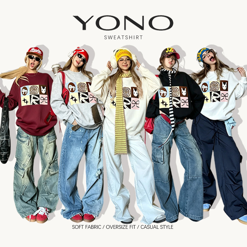 (พร้อมส่ง24ชม.) เสื้อสเวตเตอร์คอกลม sweatshirt oversize สีเบจ ลายช่องกระต่ายดาวโบว์ ฟีลหวานวินเทจน่ารัก ทรงหลวมใส่สบาย