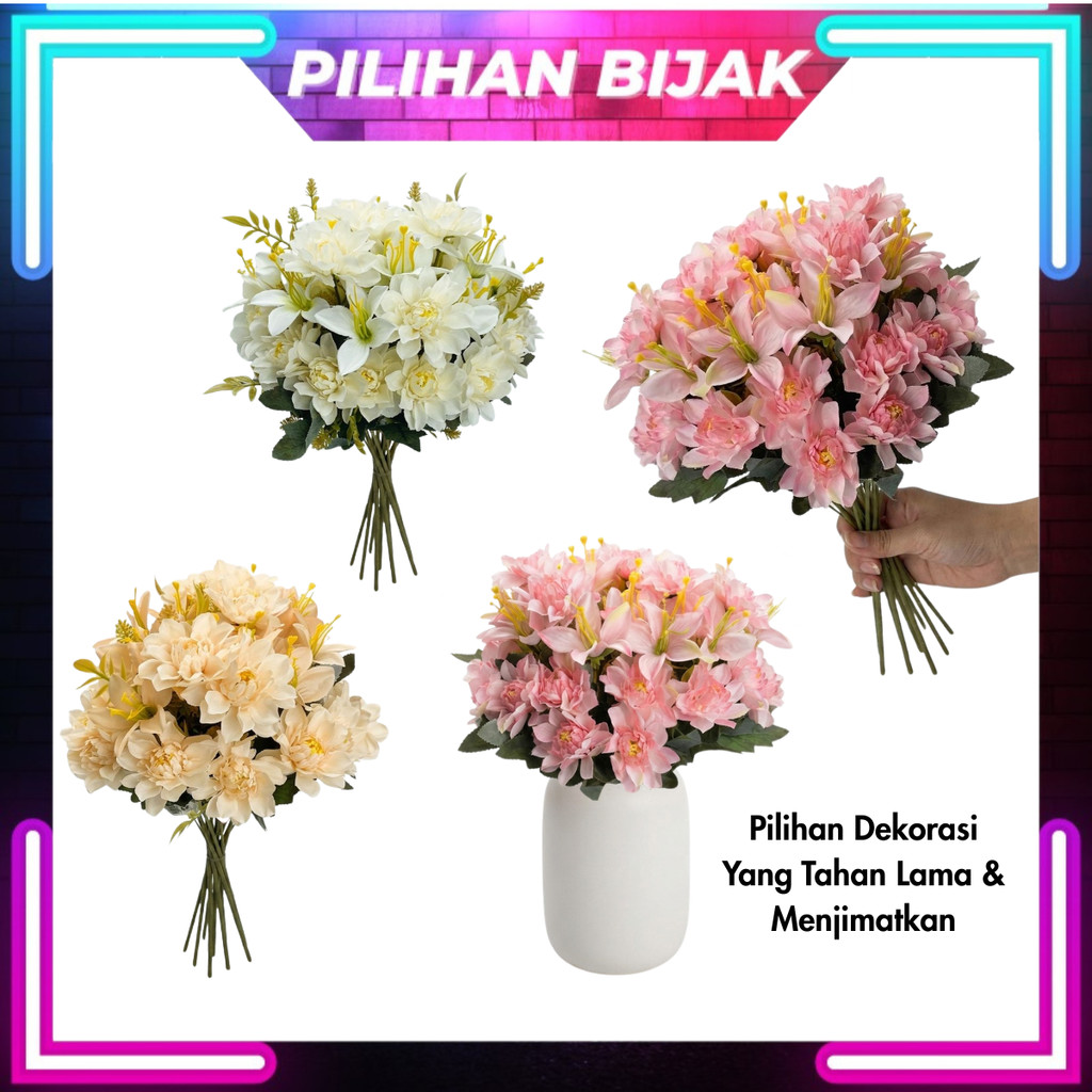1Bush ดอกไม้ประดิษฐ์ Dahlia Faux Dahlia Dahlia ดอกไม้ตกแต่งถาดดอกไม้ Bouqut AF10023