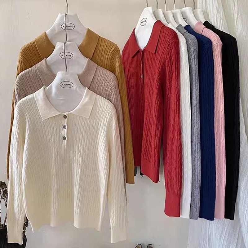 Dahong 88044 เสื้อสเวตเตอร์ถักแขนยาวทรงโปโล เสื้อเป็นผ้าลื่นๆไม่หนาไปไม่บาง พร้อมส่ง มี9สี