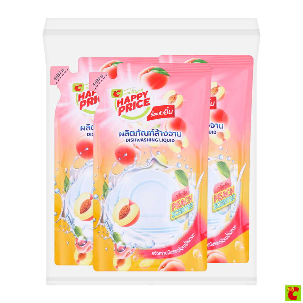 บิ๊กซี แฮปปี้ ไพรซ์ น้ำยาล้างจาน กลิ่นพีช 400 มล. x 3 ถุง