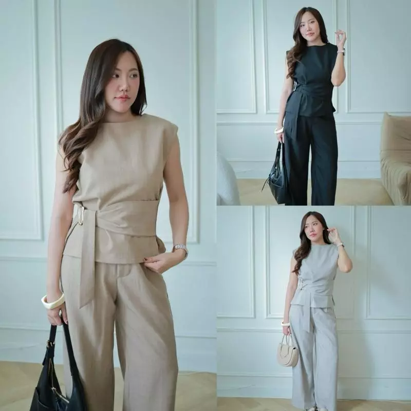 Elora Set ชุดเซตสไตล์มินิมอลเชือกเข็มขัดเอวกางเกงขากระบอกกลาง AN323