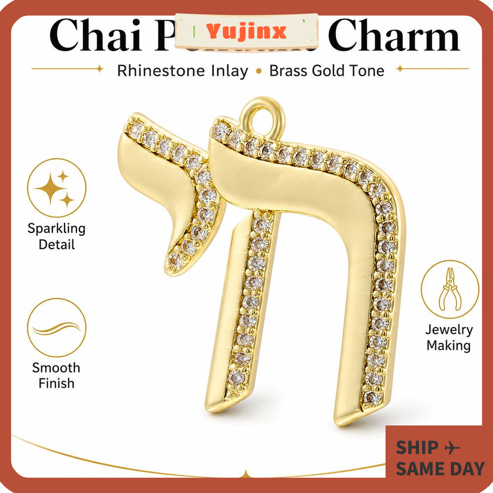YUJINX Chai จี้ทองเหลืองขัดเงา Hebrew จี้ตัวอักษร, ห่วงแขวนด้านบน Rhinestone Inlay Gold Tone Hebrew 