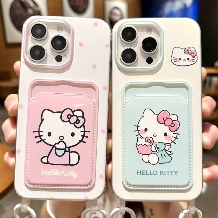 กระเป๋าใส่บัตรแมว KT น่ารัก + สายคล้องคอ เหมาะสำหรับ iPhone 17 16 15 14 13 12 11 Pro Max Xr XS Max 7