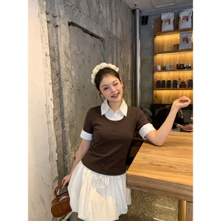 B&R พร้อมส่ง เสื้อยืดแขนสั้นคอปกปลอมสองชั้น เสื้อทรงสั้นเข้ารูปปักลาย สไตล์เกาหลีเรียบง่าย ผู้หญิง