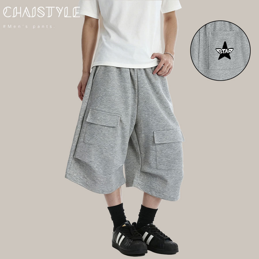Chaistyle สไตล์อเมริกันกางเกงลำลอง ขากว้าง กางเกงขาสั้น ขาตรง เอวยืดได้ กระเป๋าหลายช่อง การออกแบบแบบจีบ