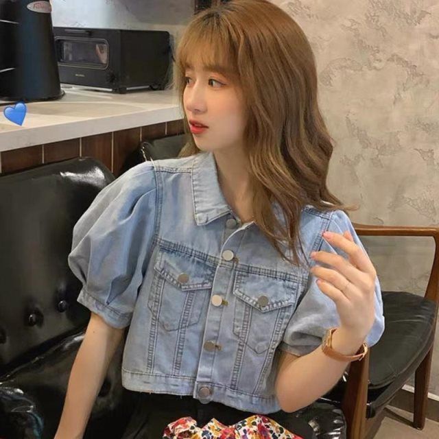 Imoveเสื้อโค้ทสั้นเดนิมแขนพัฟสไตล์เกาหลี