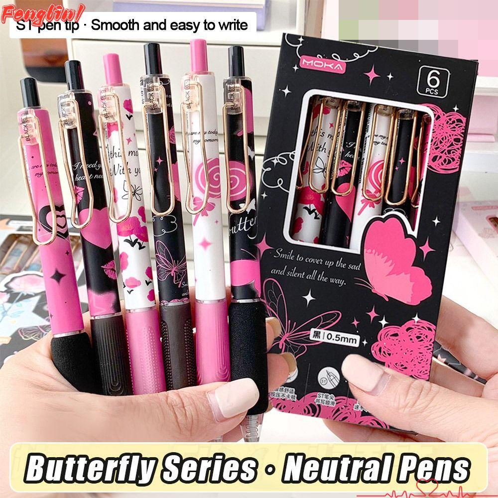 FENGLIN1FR 6 ชิ้น/เซ็ตผีเสื้อกดปากกาเจล, ST Nib Quick-drying Neutral ปากกา, การ์ตูน Smooth Writing 0