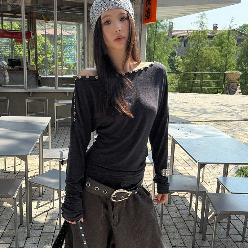 MMFISH Fashion Street Casual Posh Style Shell Button Flat Neck Temperament Long Sleeve เสื้อยืดยืดหย