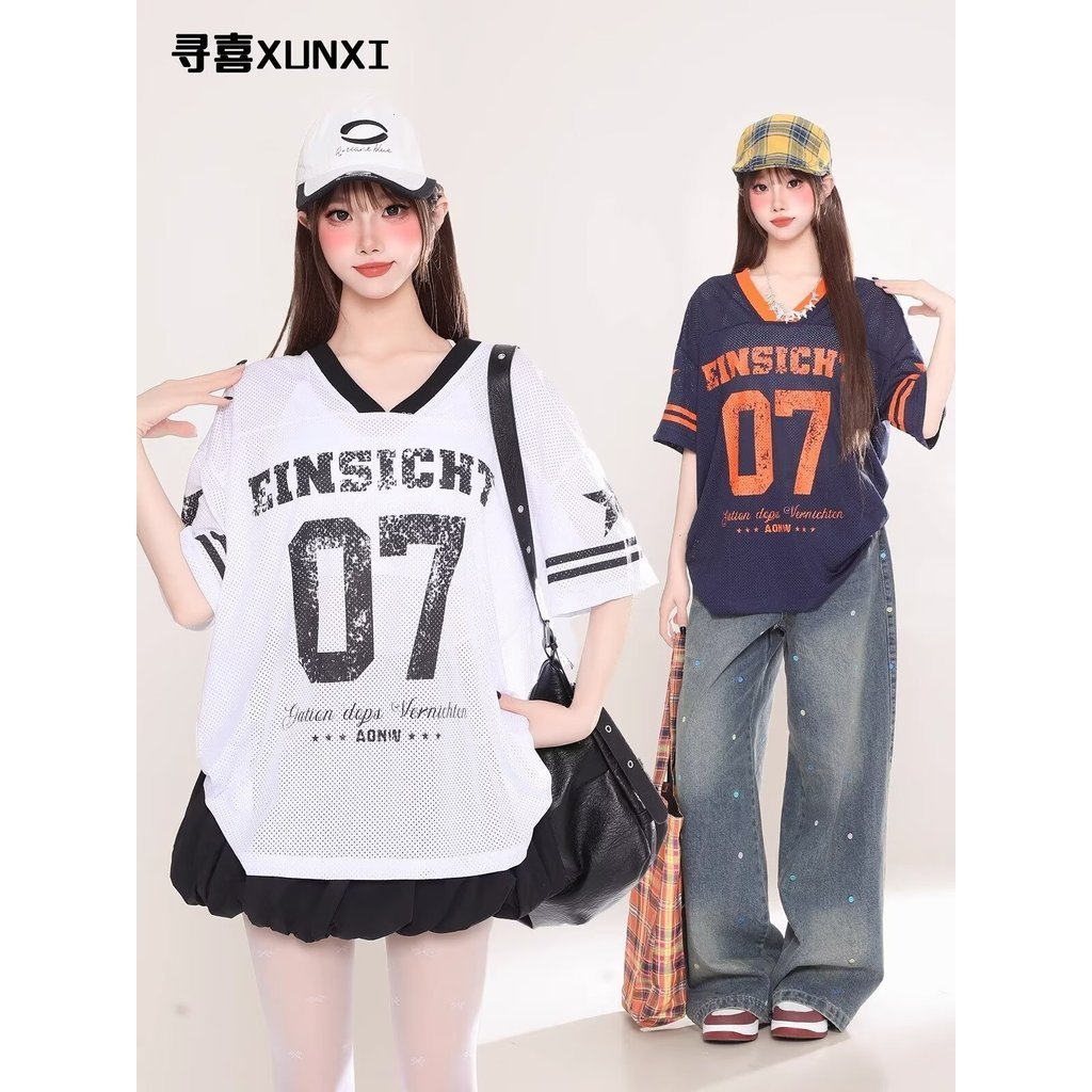 NFL American Rugby Super Bowl Raiders เสื้อยืดแขนสั้นอเมริกันกีฬาหลวมปักพิมพ์ V คอตาข่าย Jersey