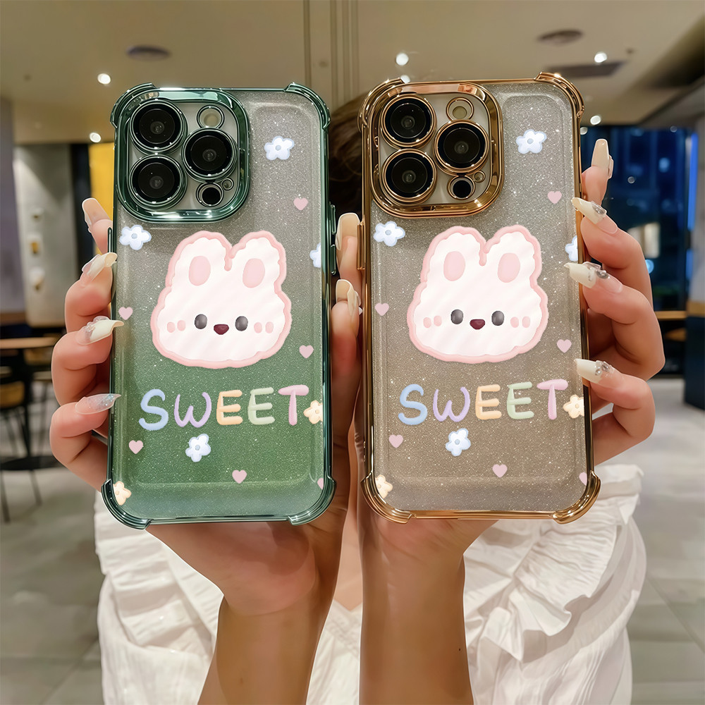 แฟชั่นผงกากเพชรสีสันสี่มุมป้องกันการตก สําหรับ OPPO A54 A55 A56 A57 A58 A60 A72 A74 A78 A96 4G 5G ลายกระต่ายหวาน