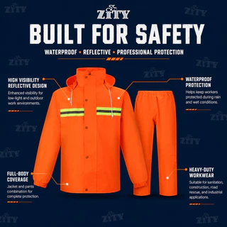 ZITY ชุดกันฝนเซฟตี้แถบสะท้อนแสง เสื้อ+กางเกง กันน้ำ สำหรับงานก่อสร้าง ซ่อมถนน กู้ภัย
