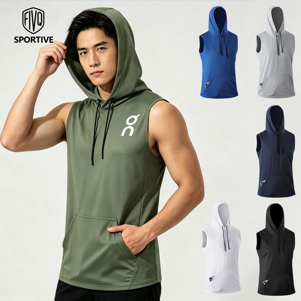 ใหม่เสื้อยืดแขนกุดมีฮู้ดสําหรับผู้ชายมีกระเป๋า