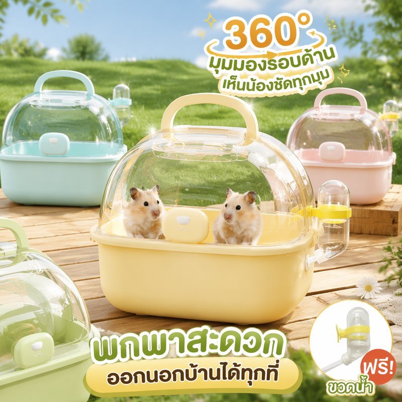 กรงเดินทางแฮมสเตอร์ แบบใส พกพา ระบายอากาศ มีที่ให้น้ำอาหาร กรงหนูตะเภา ชินชิลลา เม่น