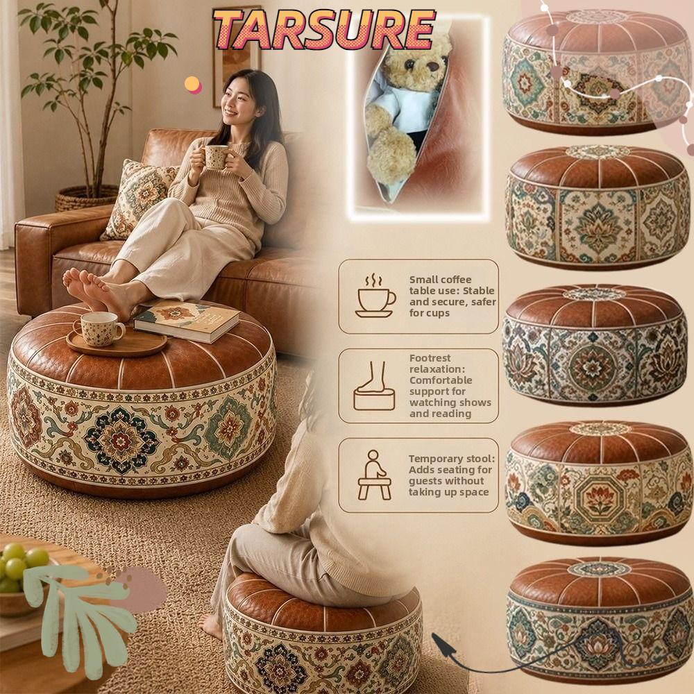 TARSURR Ottoman Pouf,ฝาครอบสตูลวางเท้าลาย Boho แบบพับได้,Fillable Round Shape PU Leather Storage Ott