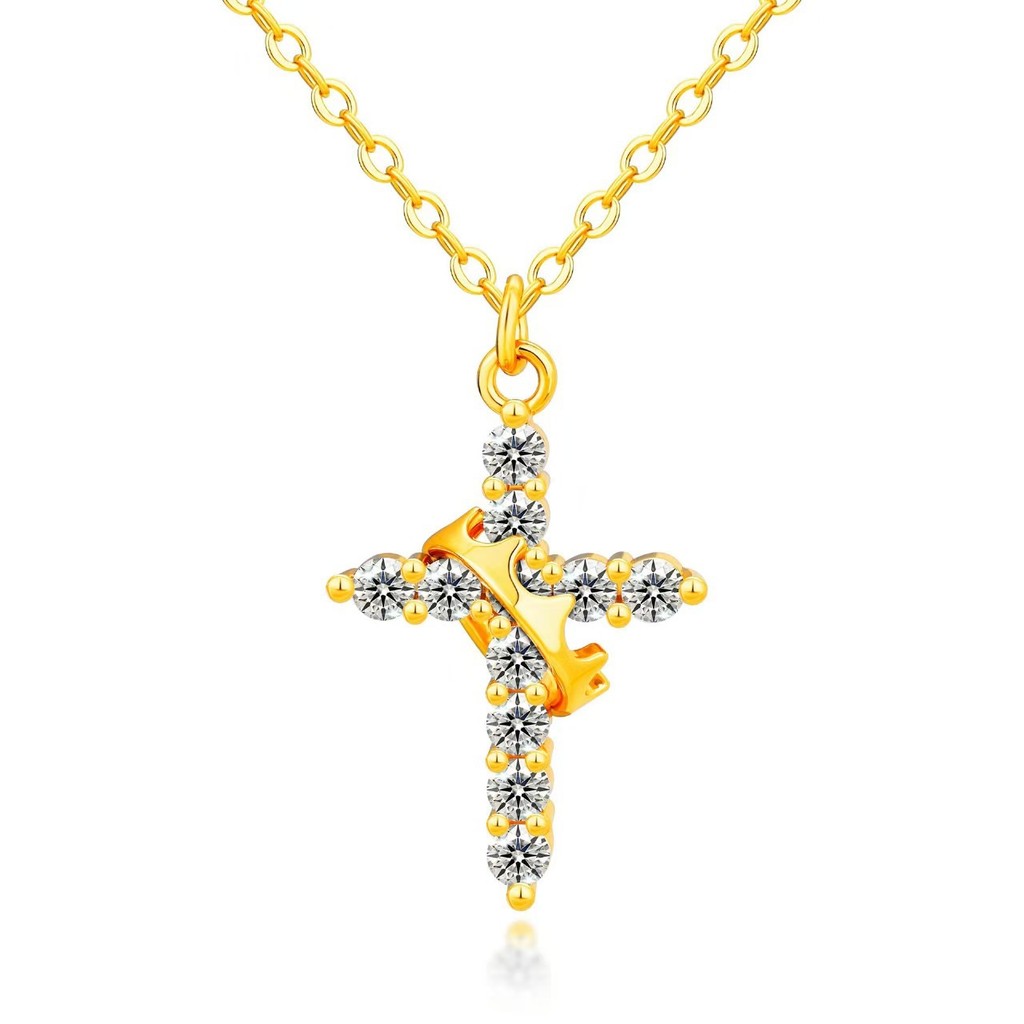 /Gold-Plated Cross Crown สีสัน Nano Zircon ผู้ชายผู้หญิง All-Match สร้อยคอจี้สีสันสดใส 7.224 DFD