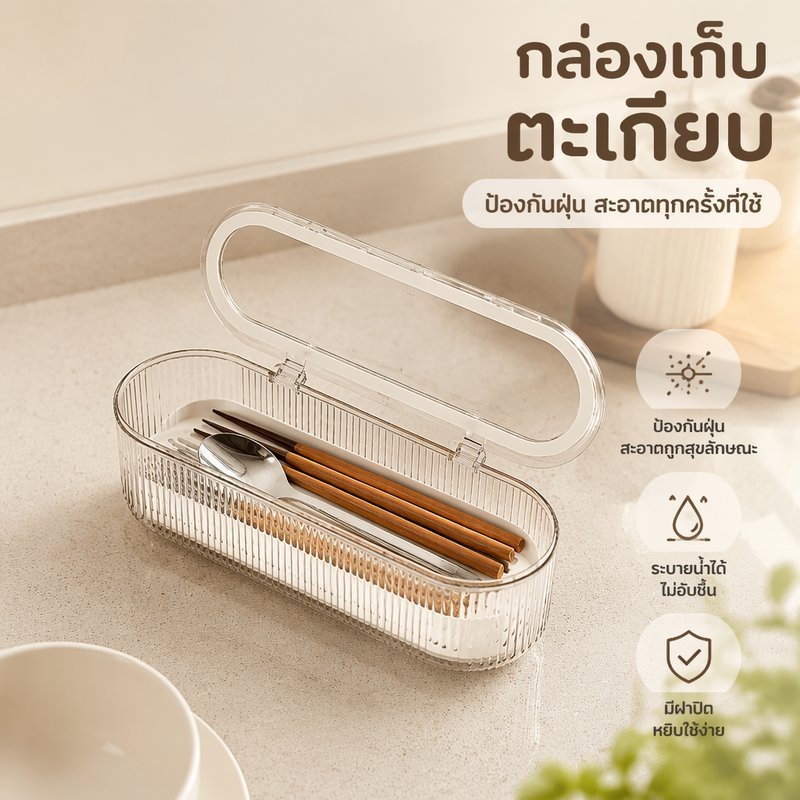 กล่องเก็บช้อนส้อมโปร่งใสกันฝุ่นผู้ถือตะเกียบท่อระบายน้ําถาดเคาน์เตอร์ออแกไนเซอร์