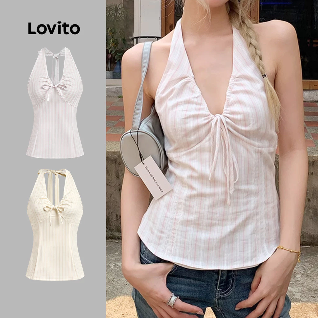 Lovito เสื้อแคชชวลลายทางผูกเชือกด้านหลัง เปิดหลัง สีชมพูอ่อน เสื้อกล้ามคอฮาลเตอร์เซ็กซี่สำหรับผู้หญิง ฤดูใบไม้ผลิ/ฤดูร้อน เกาหลี อินเทรนด์ L136AD305