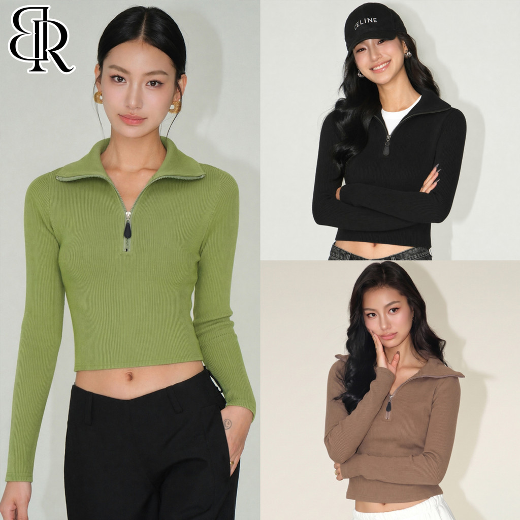B&R พร้อมส่ง เสื้อถักแขนยาวสำหรับผู้หญิง ปกคอครึ่งซิป ครอปสั้นเข้ารูปผอมสวย แฟชั่นสไตล์เกาหลี ไซซ์M-2XL
