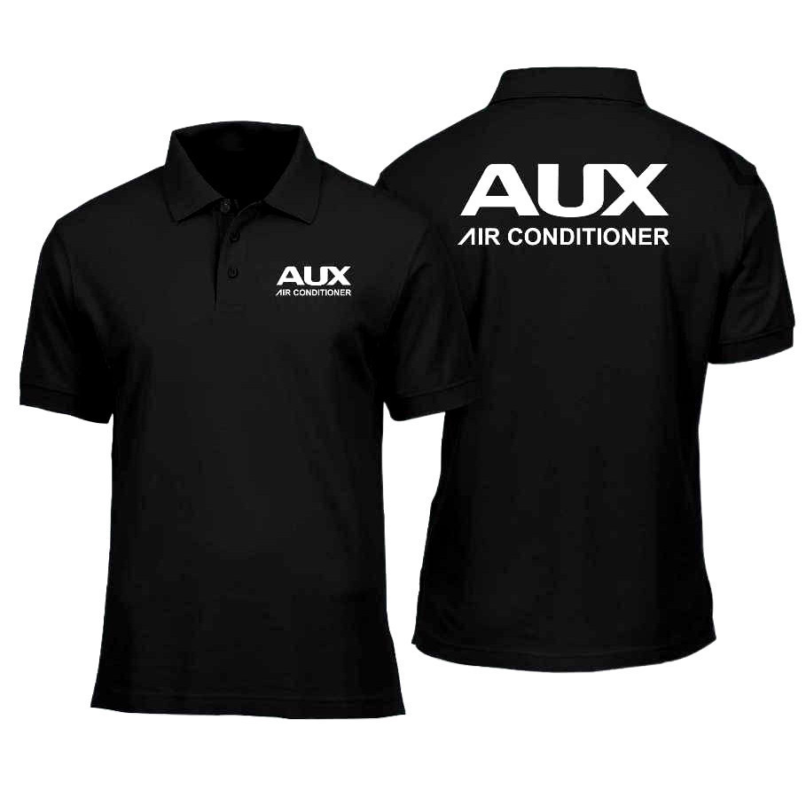 เสื้อโปโล AUX แบบกลับด้านได้ ลาย AUX AIR CONDITIONER พิมพ์ตัวอักษรสีขาว คอปกแบบชุดทำงาน มีไซส์ S-3XL