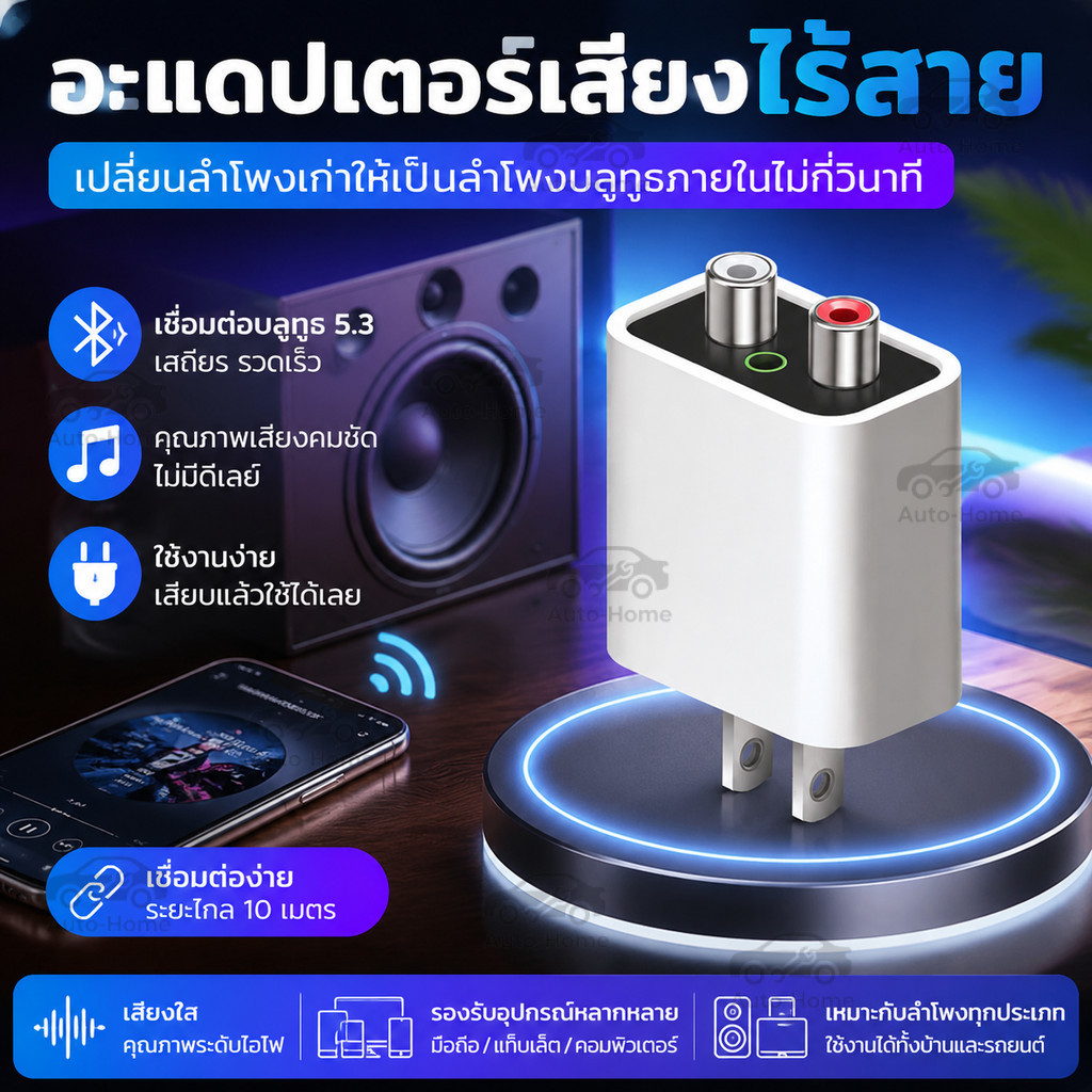 【ของแท้】อะแดปเตอร์ไฟฟ้า 5.3 Bluetooth รับสัญญาณได้ไกล15เมตร RCA/AUX Audio สำหรับลำโพงเก่า BT5.3 แปลงสัญญาณเสียงไร้สาย