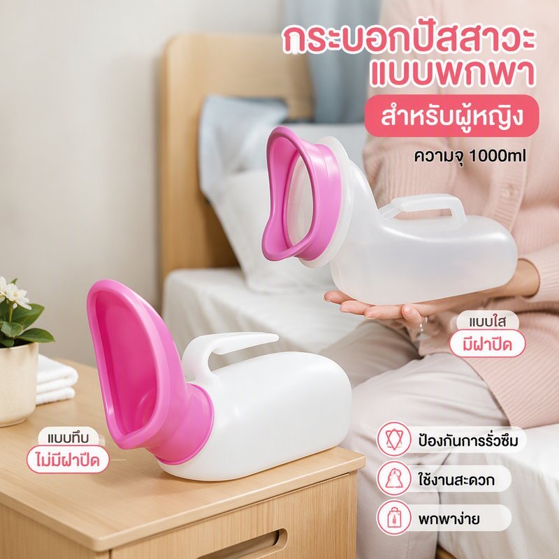 ขวดปัสสาวะหญิง1000มิลลิลิตรความจุสูงแบบพกพาฝารั่วซึมนุ่มสบายการดูแลผู้ป่วย
